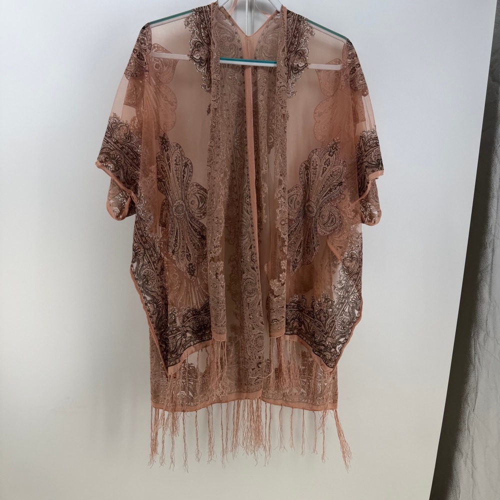 Pretty Persuasion Kimono Women OS Pink Paisley Fringe Sheer Festival Embroidered